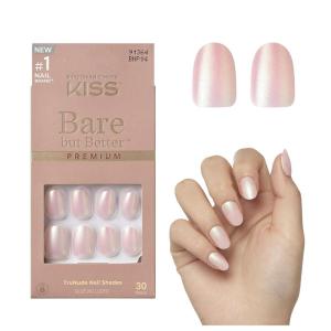 KISS Bare but Better, Press On Nails, Nail glue included, ‘Spicy’, Light Pink, Short Size, Squoval Shape, Includes 30 Nails, 2G Glue, 1 Manicure Stick, 1 Mini File(Mocha)