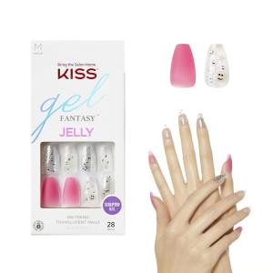 KISS Gel Fantasy Press On Nails, Nail glue included, ‘Sweet Jelly’, White, Long Size, Coffin Shape, Includes 28 Nails, 2g glue, 1 Manicure Stick, 1 Mini File(Fun & Jelly)
