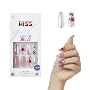 KISS Gel Fantasy Press On Nails, Nail glue included, ‘Sweet Jelly’, White, Long Size, Coffin Shape, Includes 28 Nails, 2g glue, 1 Manicure Stick, 1 Mini File(Jelly Cookie)