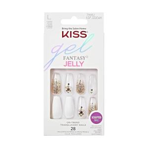 KISS Gel Fantasy Press On Nails, Nail glue included, ‘Sweet Jelly’, White, Long Size, Coffin Shape, Includes 28 Nails, 2g glue, 1 Manicure Stick, 1 Mini File(Jelly Pop)