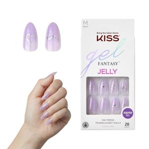KISS Gel Fantasy Press On Nails, Nail glue included, ‘Sweet Jelly’, White, Long Size, Coffin Shape, Includes 28 Nails, 2g glue, 1 Manicure Stick, 1 Mini File(One Day Jelly)