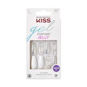 KISS Gel Fantasy Press On Nails, Nail glue included, ‘Sweet Jelly’, White, Long Size, Coffin Shape, Includes 28 Nails, 2g glue, 1 Manicure Stick, 1 Mini File(Sweet Jelly)