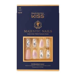 KISS Majestic Fake Nails, ‘My Crown’, High-End Gel Nails, 30 Reusable Long Length Coffin Shaped Glue-On & Press-On Jeweled Accent Glue On Nails(Pink and Silver)