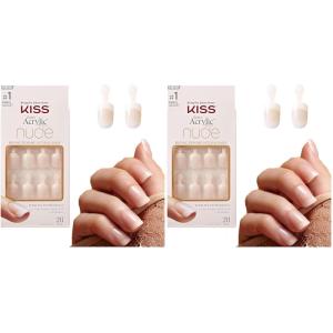 KISS Salon Acrylic French Tip Press On Nails, ‘Chic Beats’, Natural Nude, Short Squoval, Nail Kit with 28 Fake Nails, Pink Gel Nail Glue (2g), Mini Nail File, & Manicure Stick(Breathtaking)