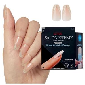 KISS Salon X-tend LED Gel Nail Kit, ‘Perk’, Beige, Medium Coffin, 30 Press On Nails, LED Soft Gel Adhesive 5 ml (0.16 US fl. oz.), LED Lamp, USB Cable, Prep Pad, Manicure Stick, & Mini Nail File(Perk)