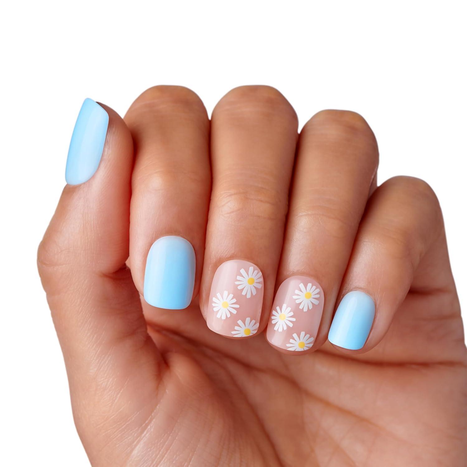imageKISS The Summer I Turned Pretty Press On Nails Blue ampamp White Daisy Floral Design Short Squoval 30 Fake Nails Prep Pad Mini Nail File ampamp Manicure Stick