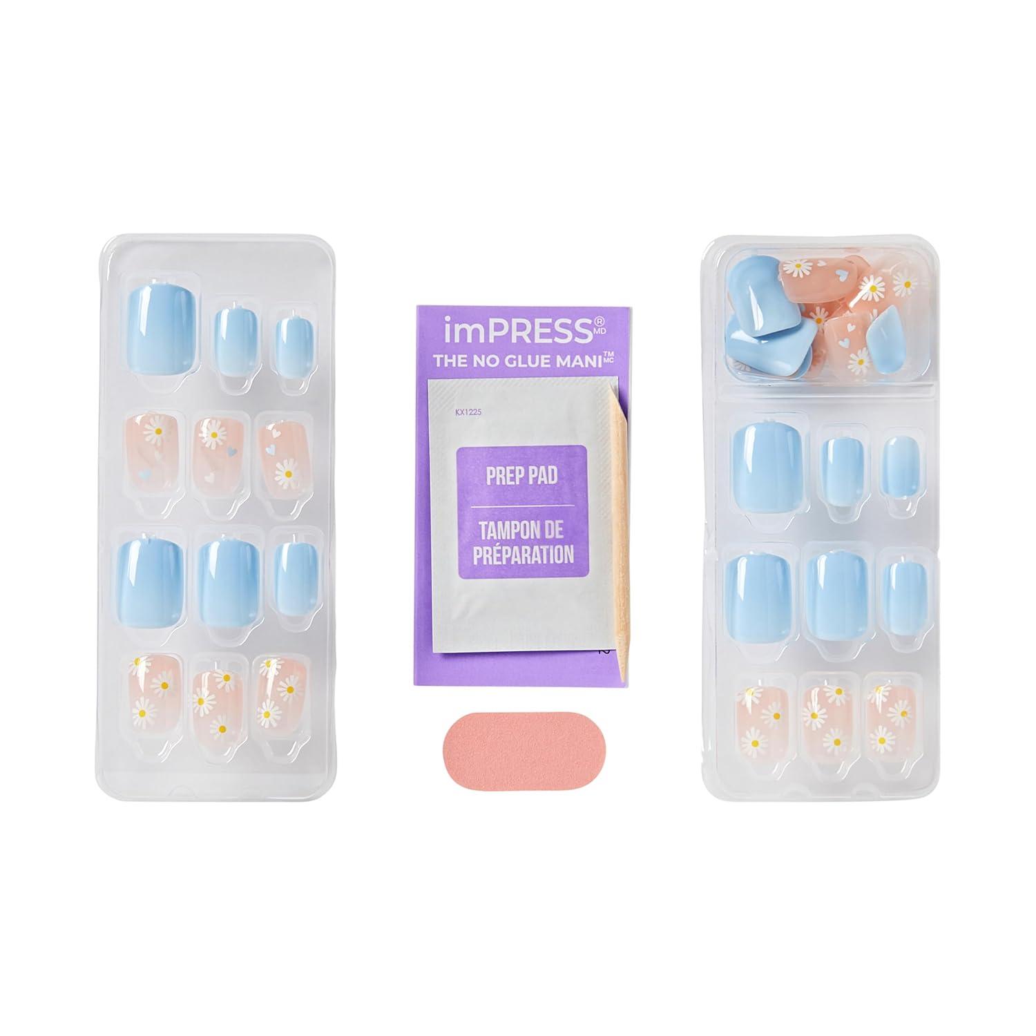imageKISS The Summer I Turned Pretty Press On Nails Blue ampamp White Daisy Floral Design Short Squoval 30 Fake Nails Prep Pad Mini Nail File ampamp Manicure Stick
