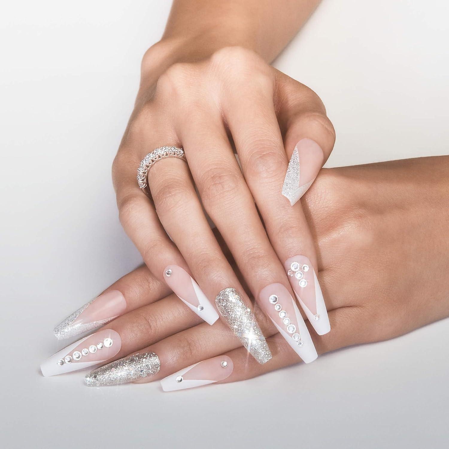 imageKISS Classy Press On Nails Nail glue included Highlights French Medium Size Almond Shape Includes 30 Nails 2g glue 1 Manicure Stick 1 Mini FileSophisticated