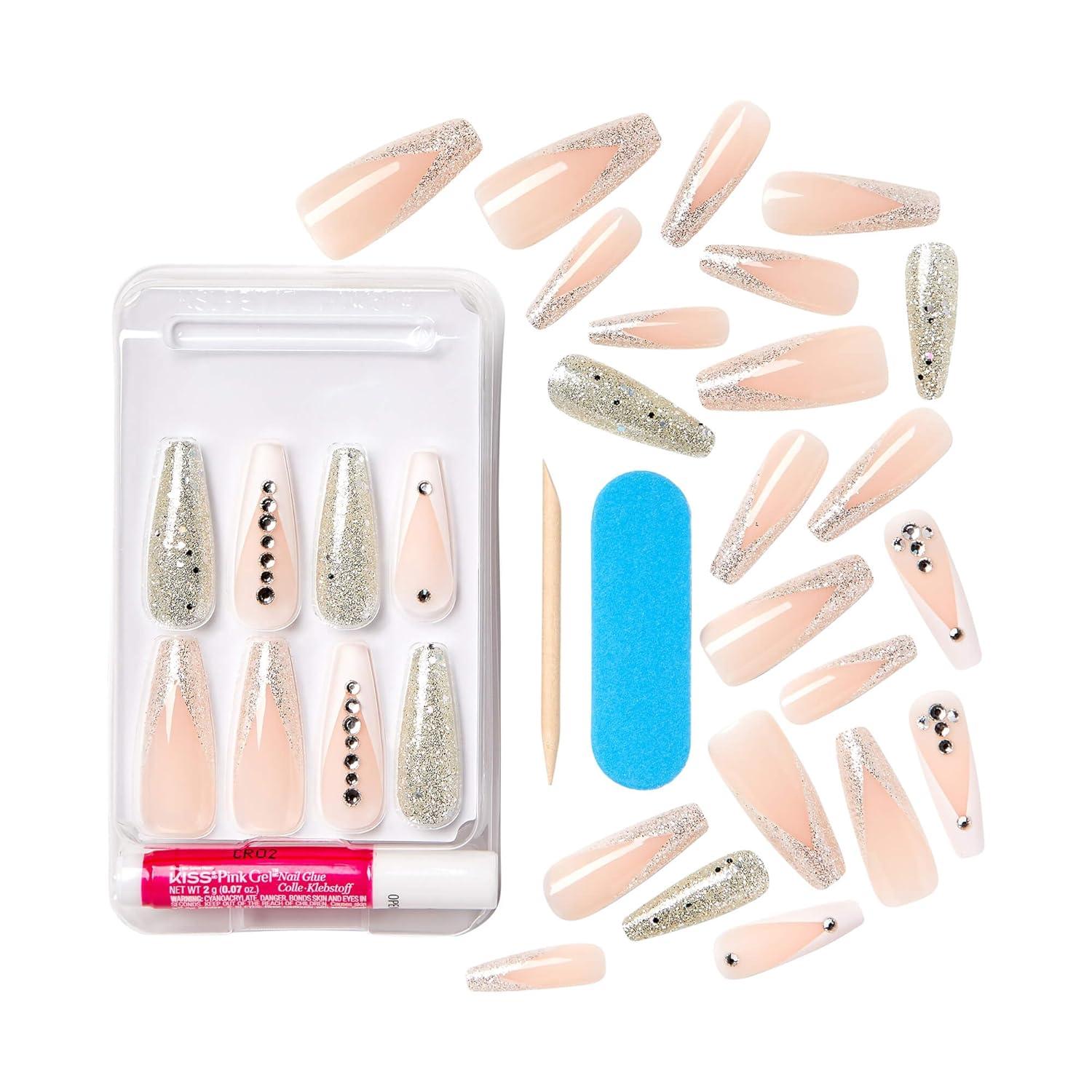 imageKISS Classy Press On Nails Nail glue included Highlights French Medium Size Almond Shape Includes 30 Nails 2g glue 1 Manicure Stick 1 Mini FileSophisticated