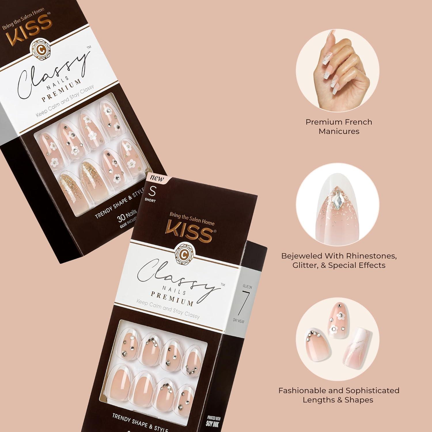 imageKISS Classy Press On Nails Nail glue included Highlights French Medium Size Almond Shape Includes 30 Nails 2g glue 1 Manicure Stick 1 Mini FileSophisticated