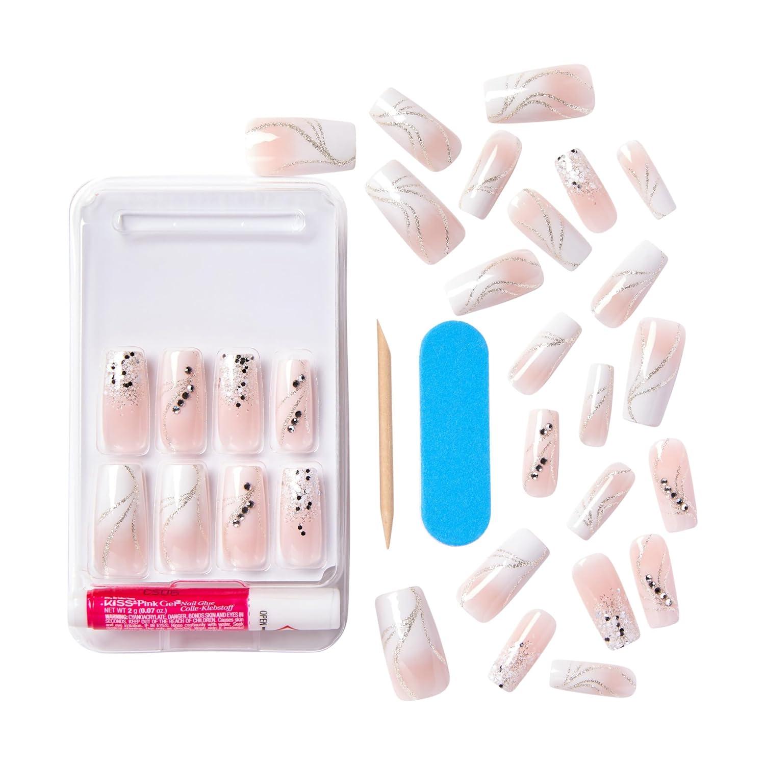 imageKISS Classy Press On Nails Nail glue included Highlights French Medium Size Almond Shape Includes 30 Nails 2g glue 1 Manicure Stick 1 Mini FileStunning