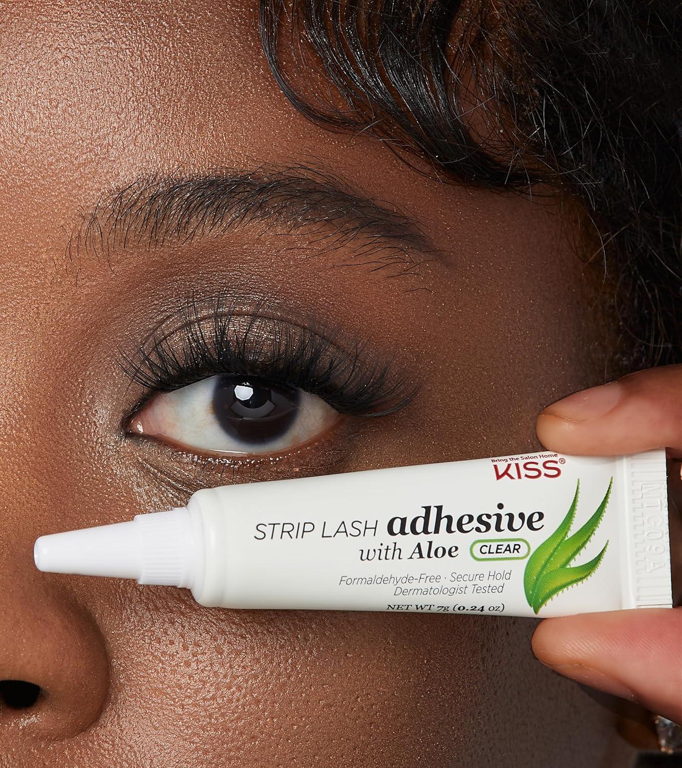 imageKISS Clear Strip Lash Adhesive with Aloe Dermatologist Tested Formaldehyde Free NonIrritant Contact Lens Friendly Secure Hold Contains Latex with Control Nozzle Tip 024 Ounce