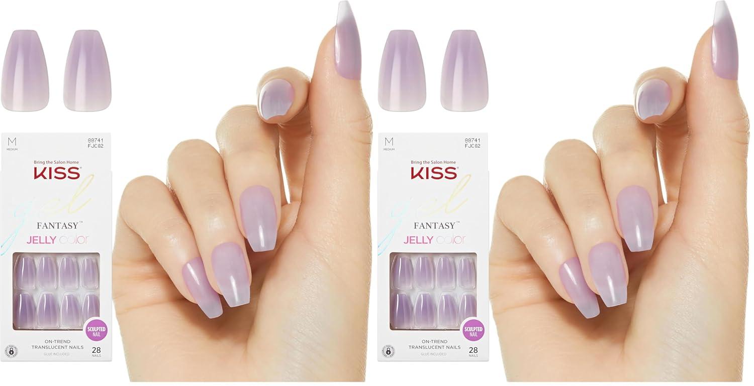 imageKISS Gel Fantasy Press On Nails Nail glue included Quince Jelly Purple Medium Size Coffin Shape Includes 28 Nails 2g glue 1 Manicure Stick 1 Mini FileQuince Jelly