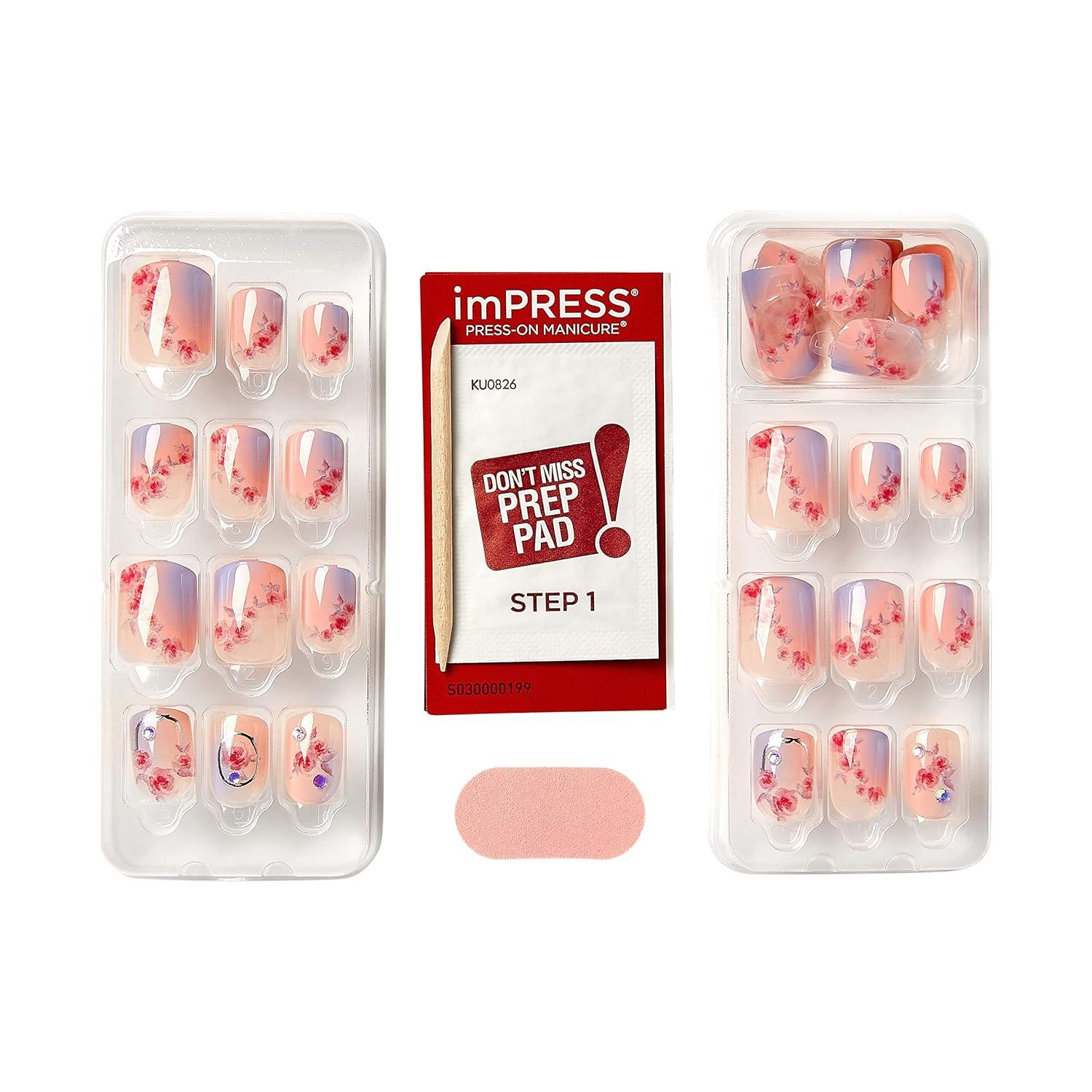 imageKISS LoveShackFancy x imPRESS PressOn Manicure Limited Edition Style quotSunkissed Peachquot Short Square Pink PressOn Nails Includes Prep Pad Mini Nail File Cuticle Stick ampamp 30 Fake NailsPink
