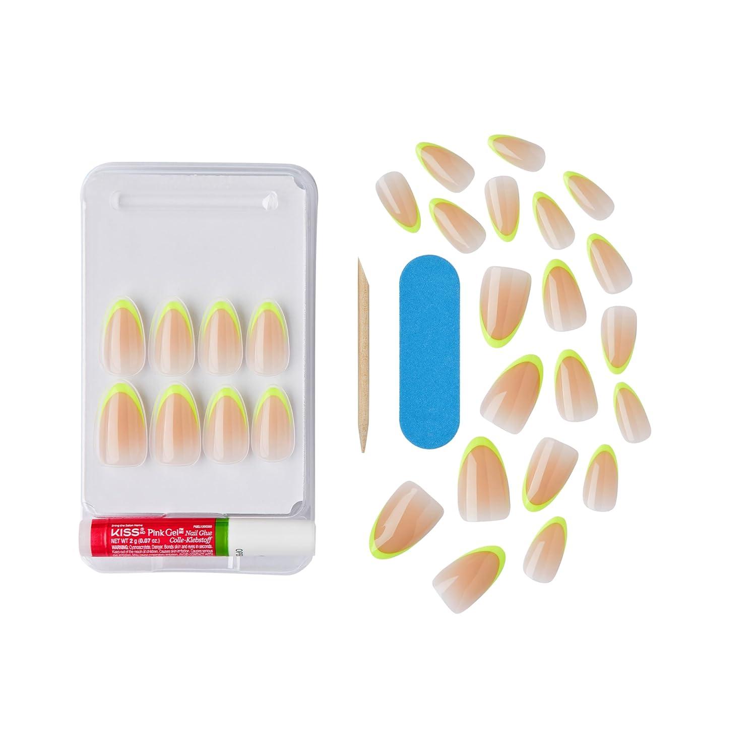imageKISS Salon Acrylic Press On Nails Nail glue included Squared Light Pink Medium Size Coffin Shape Includes 28 Nails 2G Glue 1 Manicure Stick 1 Mini FileNeon Yellow