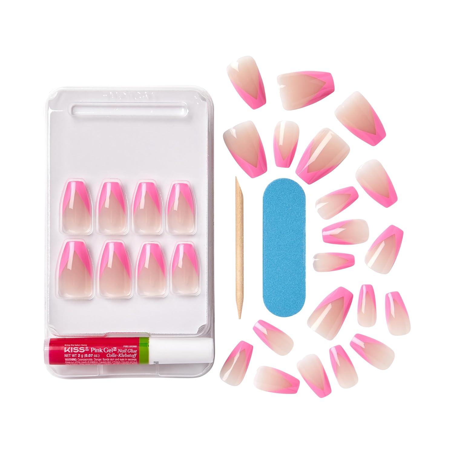 imageKISS Salon Acrylic Press On Nails Nail glue included Squared Light Pink Medium Size Coffin Shape Includes 28 Nails 2G Glue 1 Manicure Stick 1 Mini FileLight Pink