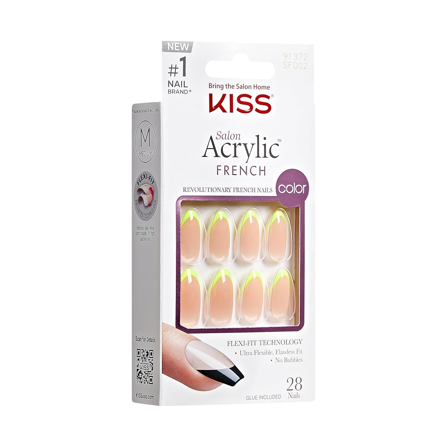 imageKISS Salon Acrylic Press On Nails Nail glue included Squared Light Pink Medium Size Coffin Shape Includes 28 Nails 2G Glue 1 Manicure Stick 1 Mini FileNeon Yellow