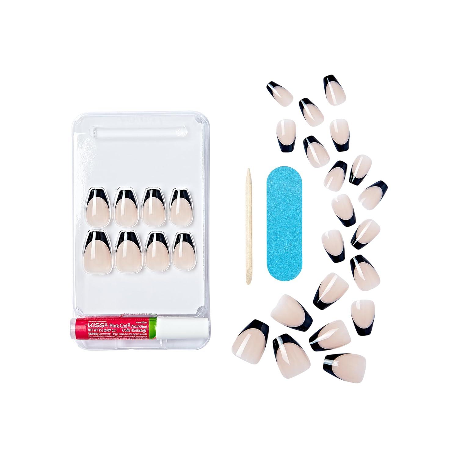 imageKISS Salon Acrylic Press On Nails Nail glue included Squared Light Pink Medium Size Coffin Shape Includes 28 Nails 2G Glue 1 Manicure Stick 1 Mini FileBlack