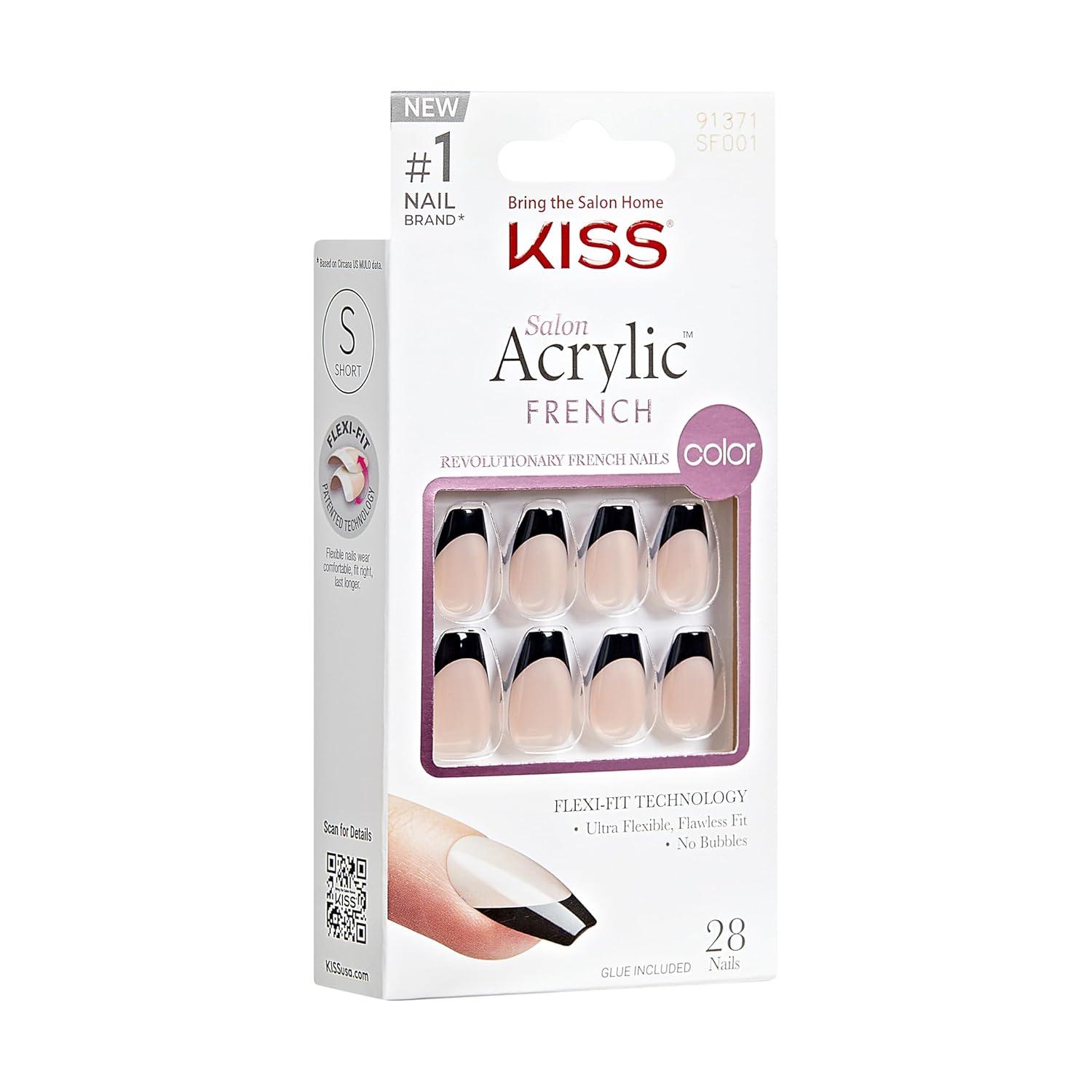 imageKISS Salon Acrylic Press On Nails Nail glue included Squared Light Pink Medium Size Coffin Shape Includes 28 Nails 2G Glue 1 Manicure Stick 1 Mini FileBlack