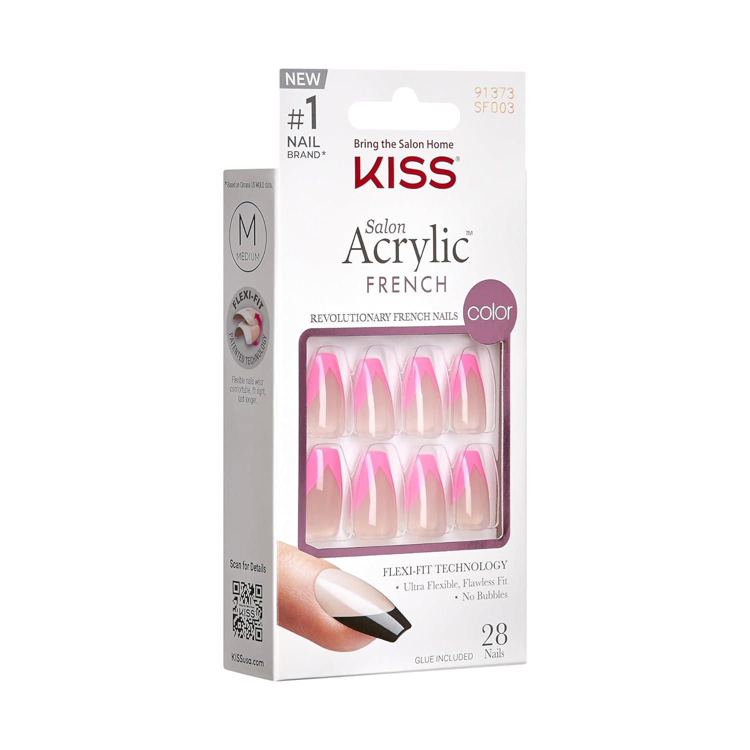 imageKISS Salon Acrylic Press On Nails Nail glue included Squared Light Pink Medium Size Coffin Shape Includes 28 Nails 2G Glue 1 Manicure Stick 1 Mini FileLight Pink