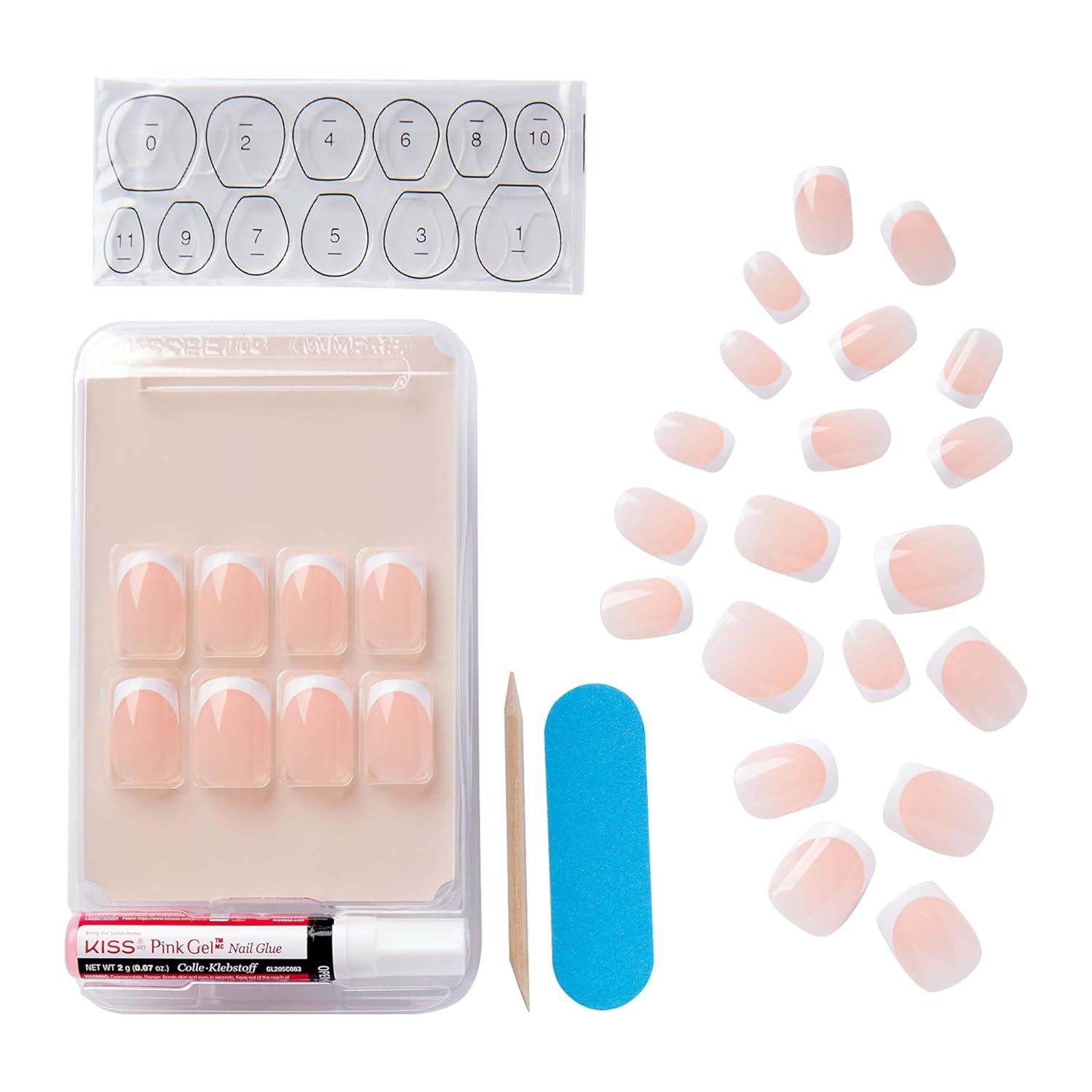 imageKISS Salon Acrylic Press On Nails Nail glue included Sugar Rush French Medium Size Square Shape Includes 28 Nails 2g Glue 1 Manicure Stick 1 Mini FileBounjour