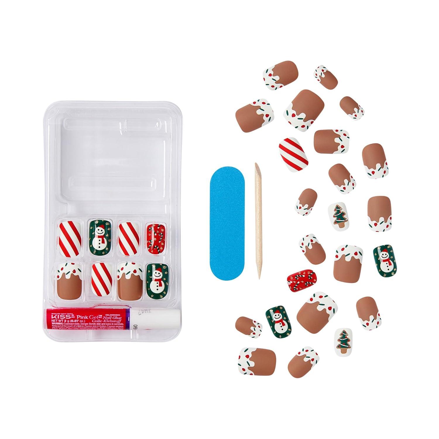 imageKISS Voguish Fantasy Holiday Press On Nails Merry Magic Navy Medium Oval No Damage To Natural Nails Pink Gel Nail Glue 2g Mini Nail File Manicure Stick ampamp 28 Fake NailsSnow Pops