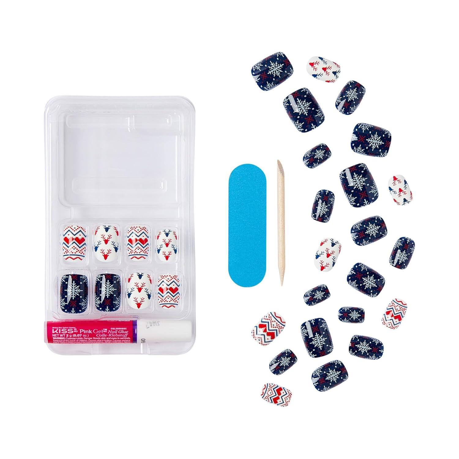 imageKISS Voguish Fantasy Holiday Press On Nails Merry Magic Navy Medium Oval No Damage To Natural Nails Pink Gel Nail Glue 2g Mini Nail File Manicure Stick ampamp 28 Fake NailsSnow Much Fun