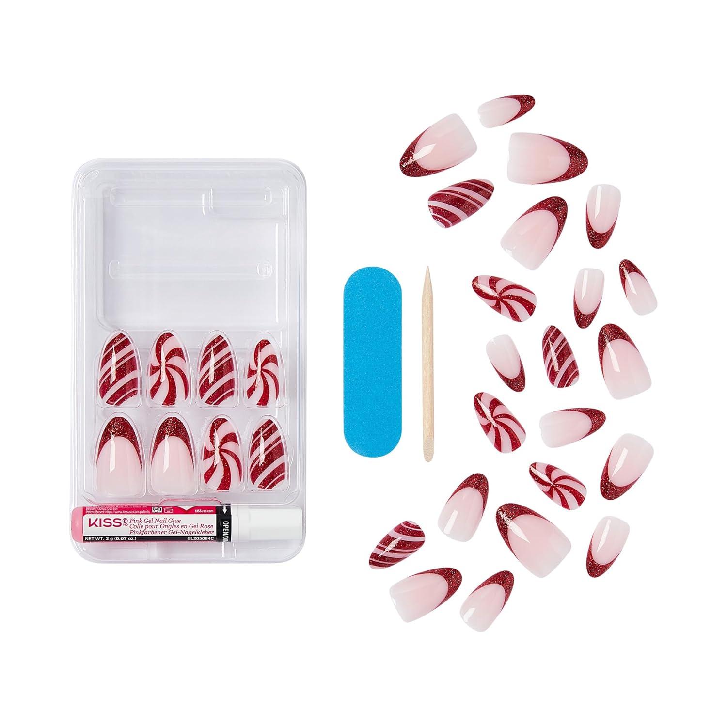 imageKISS Voguish Fantasy Holiday Press On Nails Merry Magic Navy Medium Oval No Damage To Natural Nails Pink Gel Nail Glue 2g Mini Nail File Manicure Stick ampamp 28 Fake NailsOne More Kiss