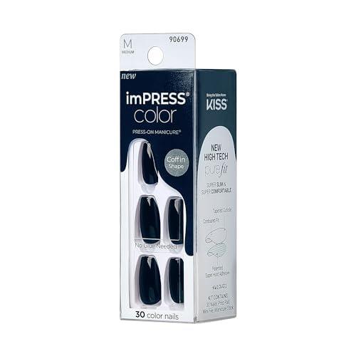 imageKISS imPRESS Color No Glue Mani 30 Pcs Press On Nails Navy Dark Blue Medium Size Coffin Shape Simple Peel ampamp Press Easy Apply HasselFree Removal Essential Tools Included