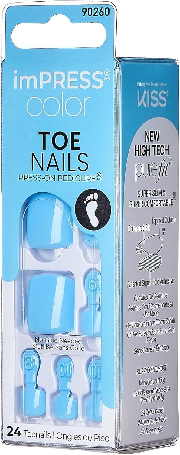 imageKISS imPRESS Color No Glue Pedi PressOn Toenails Light Bule Squoval Shape Includes 24 Nails Prep Pad 1 Manicure Stick 1 Mini File