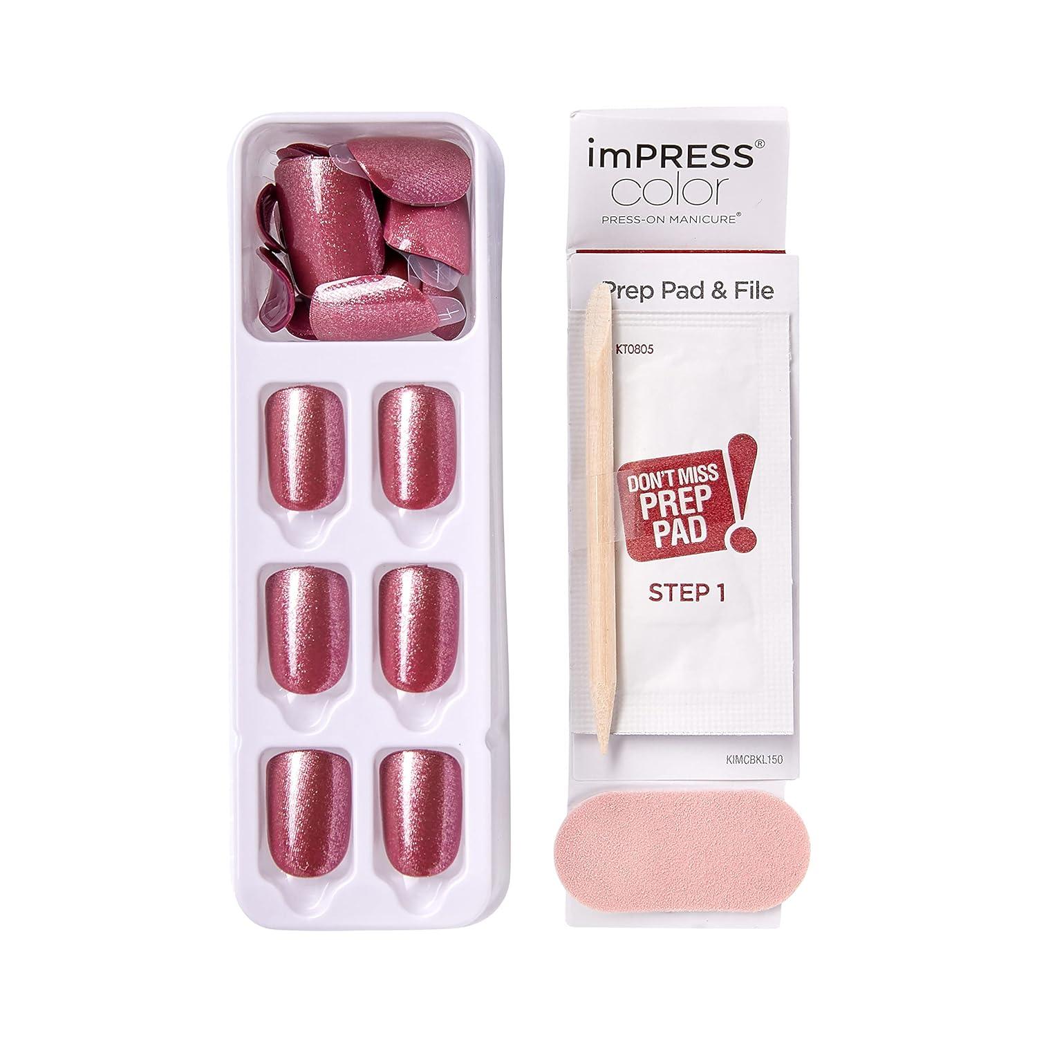 imageKISS imPRESS Color PressOn Manicure Gel Nail Kit PureFit Technology Short Length Peanut Pink PolishFree Solid Color Mani Includes Prep Pad Mini File Cuticle Stick and 30 Fake Nails