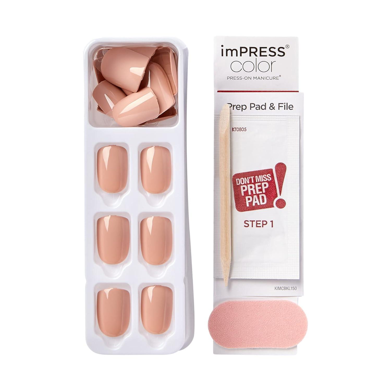 imageKISS imPRESS Color PressOn Manicure Gel Nail Kit PureFit Technology Short Length Taupe Prize PolishFree Solid Color Mani Includes Prep Pad Mini File Cuticle Stick and 30 Fake NailsShort