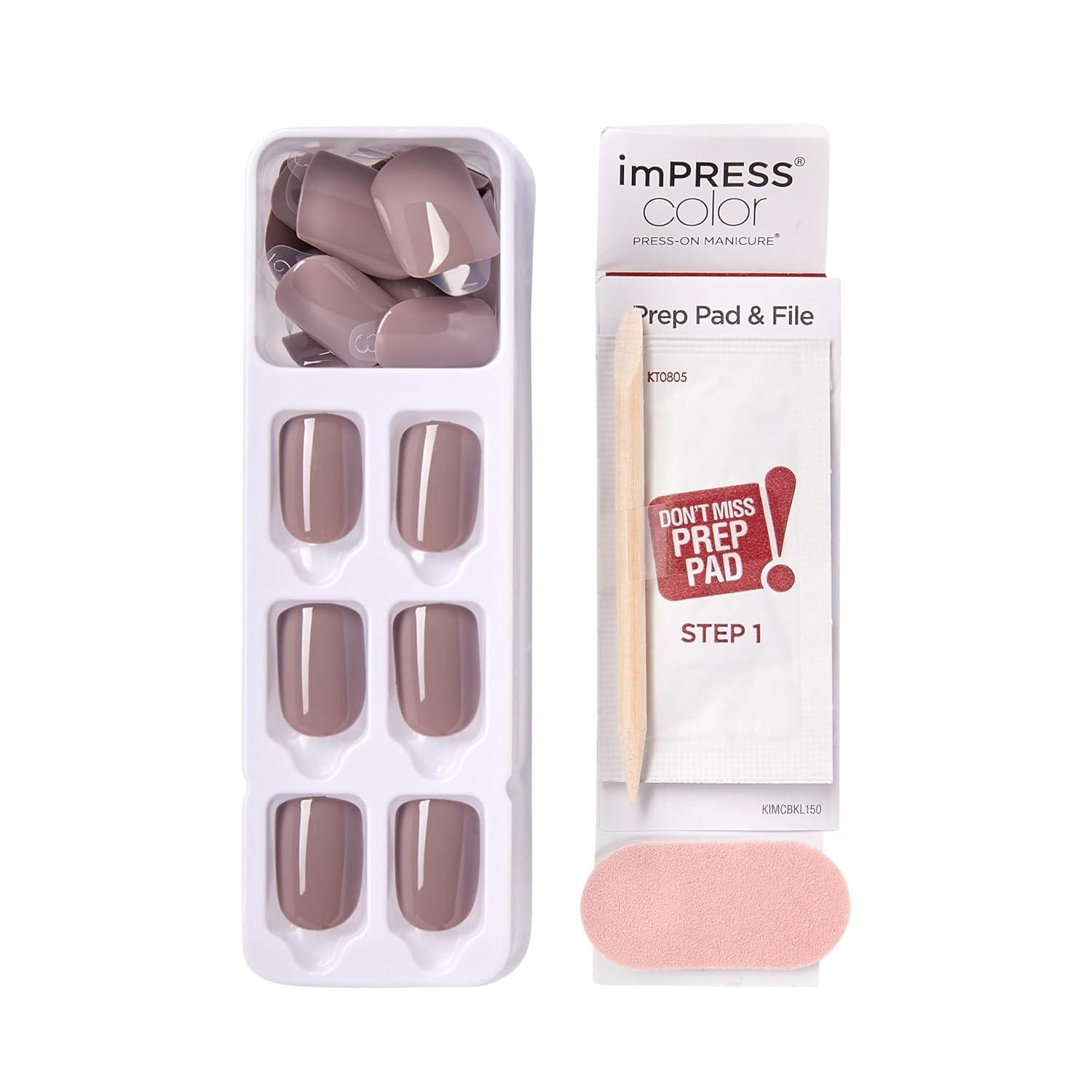 imageKISS imPRESS Color PressOn Manicure Gel Nail Kit PureFit Technology Short Length Taupe Prize PolishFree Solid Color Mani Includes Prep Pad Mini File Cuticle Stick and 30 Fake Nails33 Piece Set