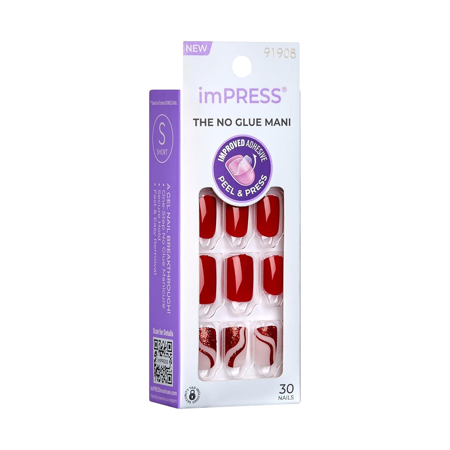 imageKISS imPRESS Design Press On Nails Endlessly Red Short Squoval PureFit Technology Chip Proof Smudge Proof Waterproof Nail File Manicure Stick ampamp 30 Fake Nails