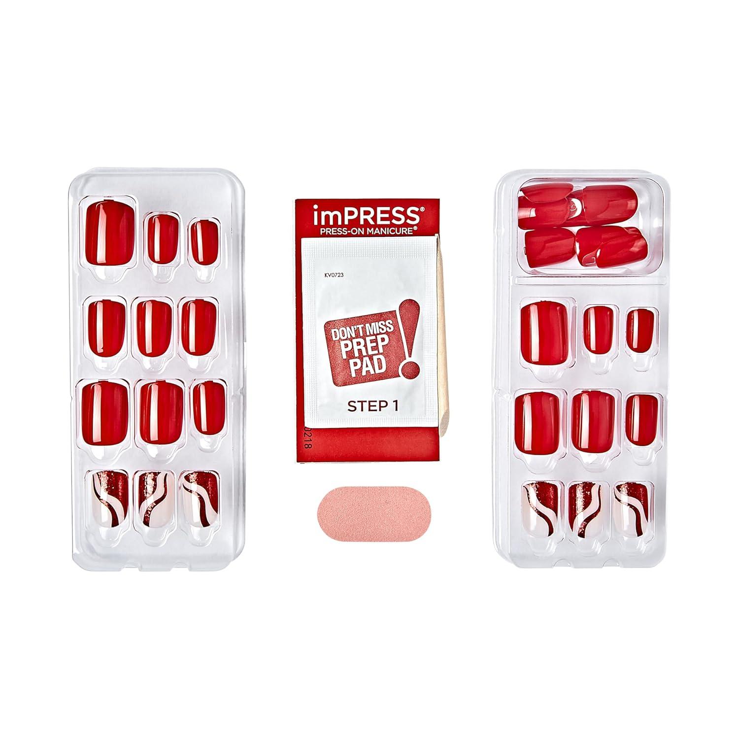 imageKISS imPRESS Design Press On Nails Endlessly Red Short Squoval PureFit Technology Chip Proof Smudge Proof Waterproof Nail File Manicure Stick ampamp 30 Fake Nails