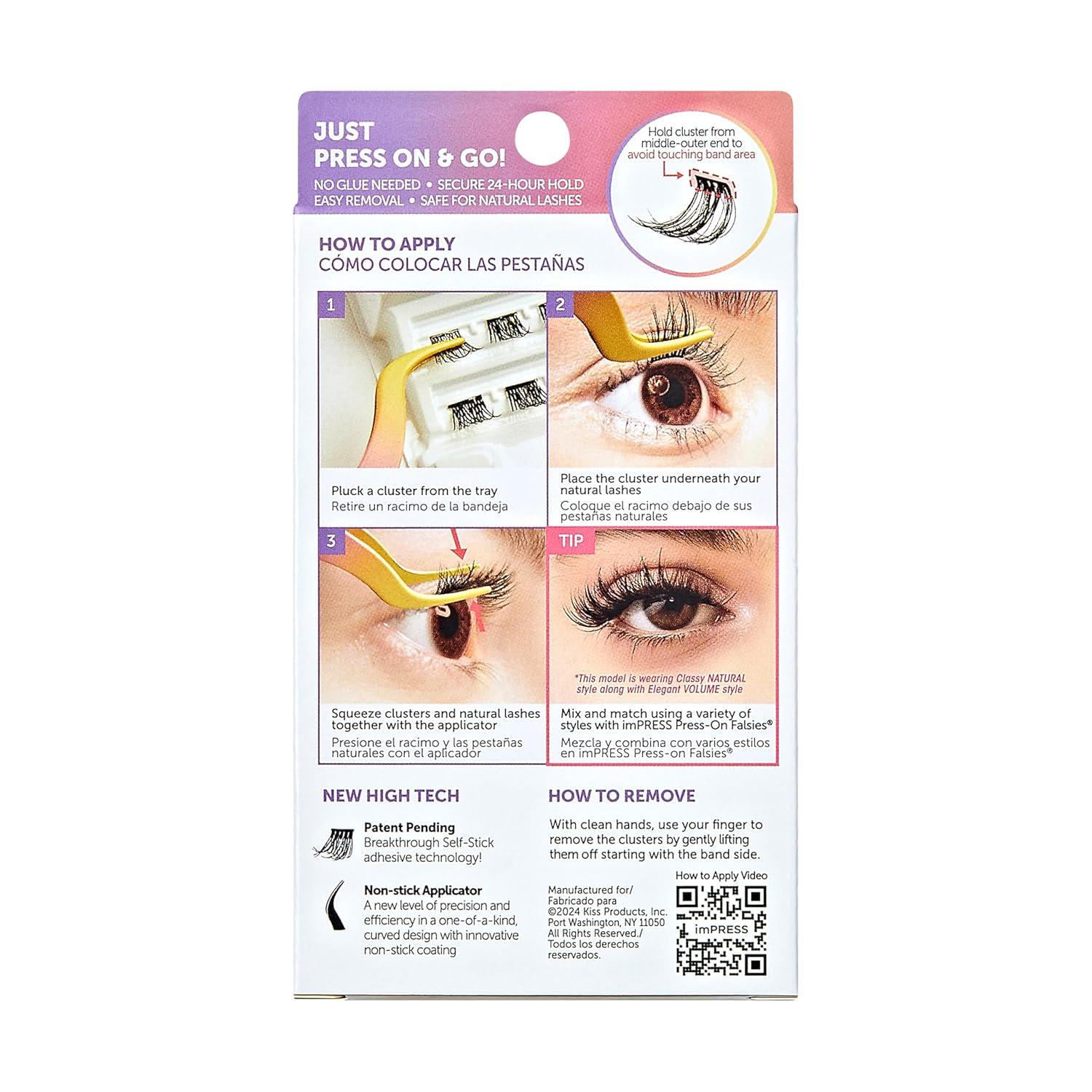 imageKISS imPRESS Falsies Press On Self Adhesive Eyelashes 12mm14mm Natural Volume Press On Lashes Black No Glue Needed Invisible Band 12 Lash Clusters ChicPack of 2