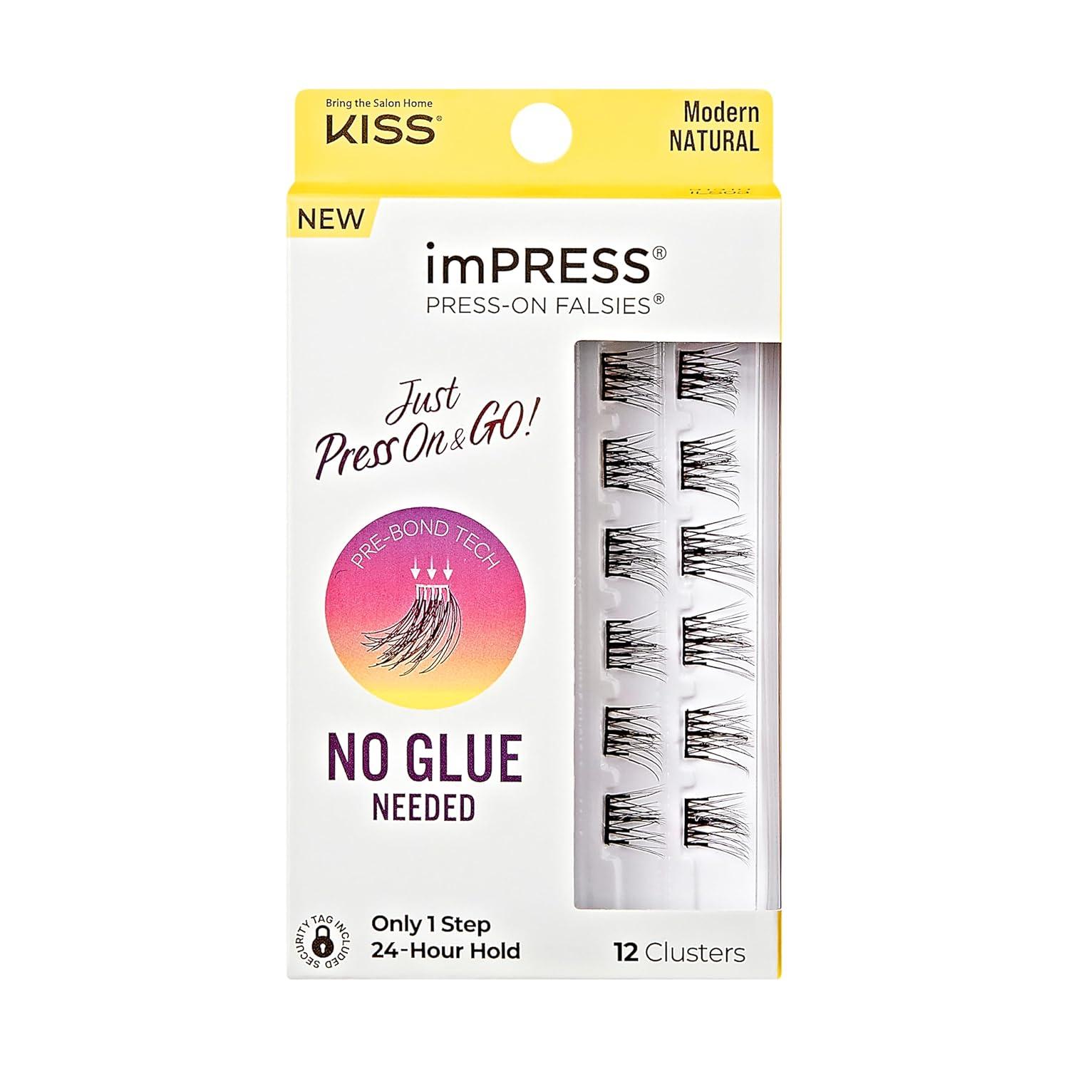 imageKISS imPRESS Falsies Press On Self Adhesive Eyelashes 12mm14mm Natural Volume Press On Lashes Black No Glue Needed Invisible Band 12 Lash Clusters SleekModern Natural