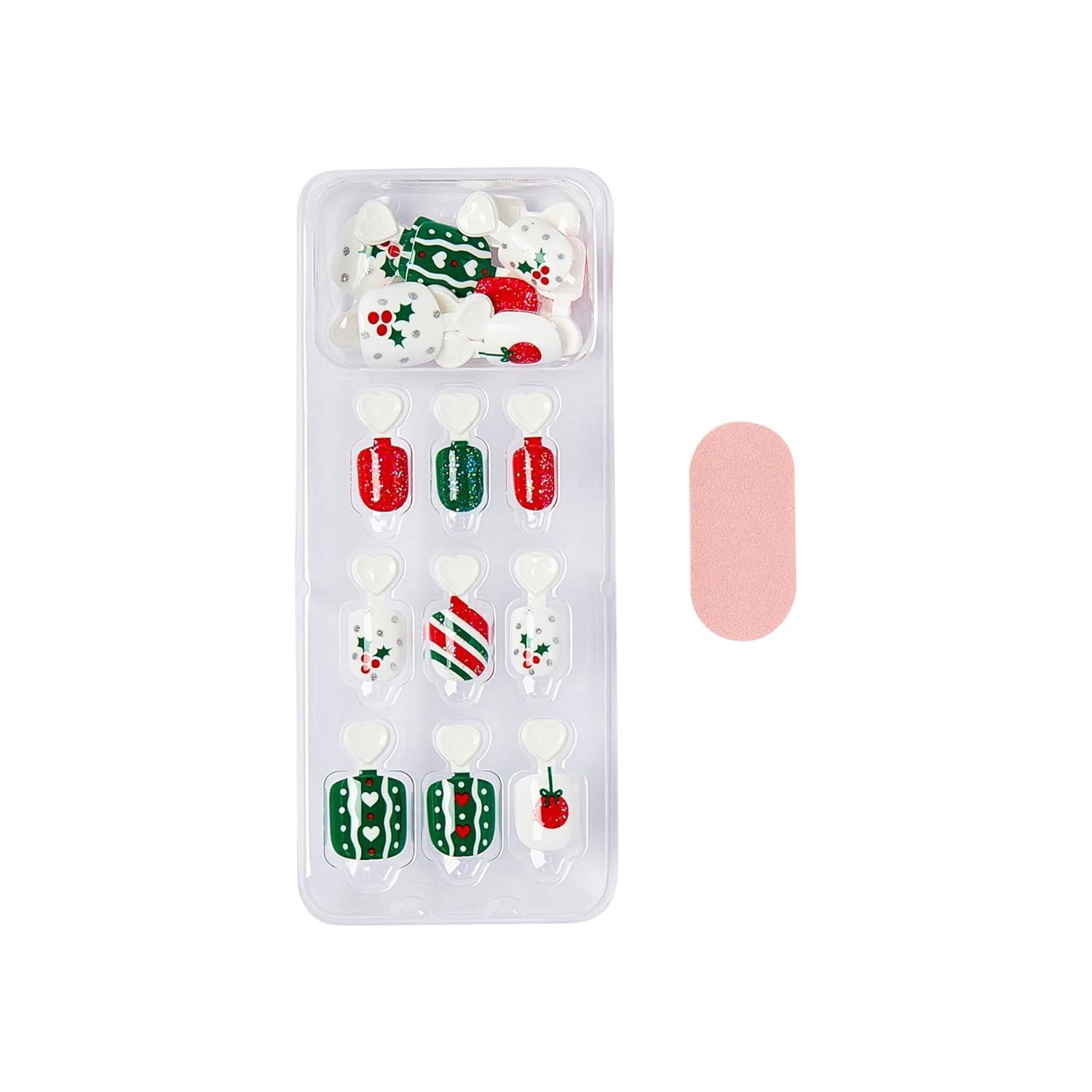 imageKISS imPRESS Mini Holiday Press On Nails for Kids Cozy Red Child Size Squoval Shaped MessFree Mom Approved NonToxic Breakaway Application Tabs Nail File 20 Fake NailsOne More Sleep
