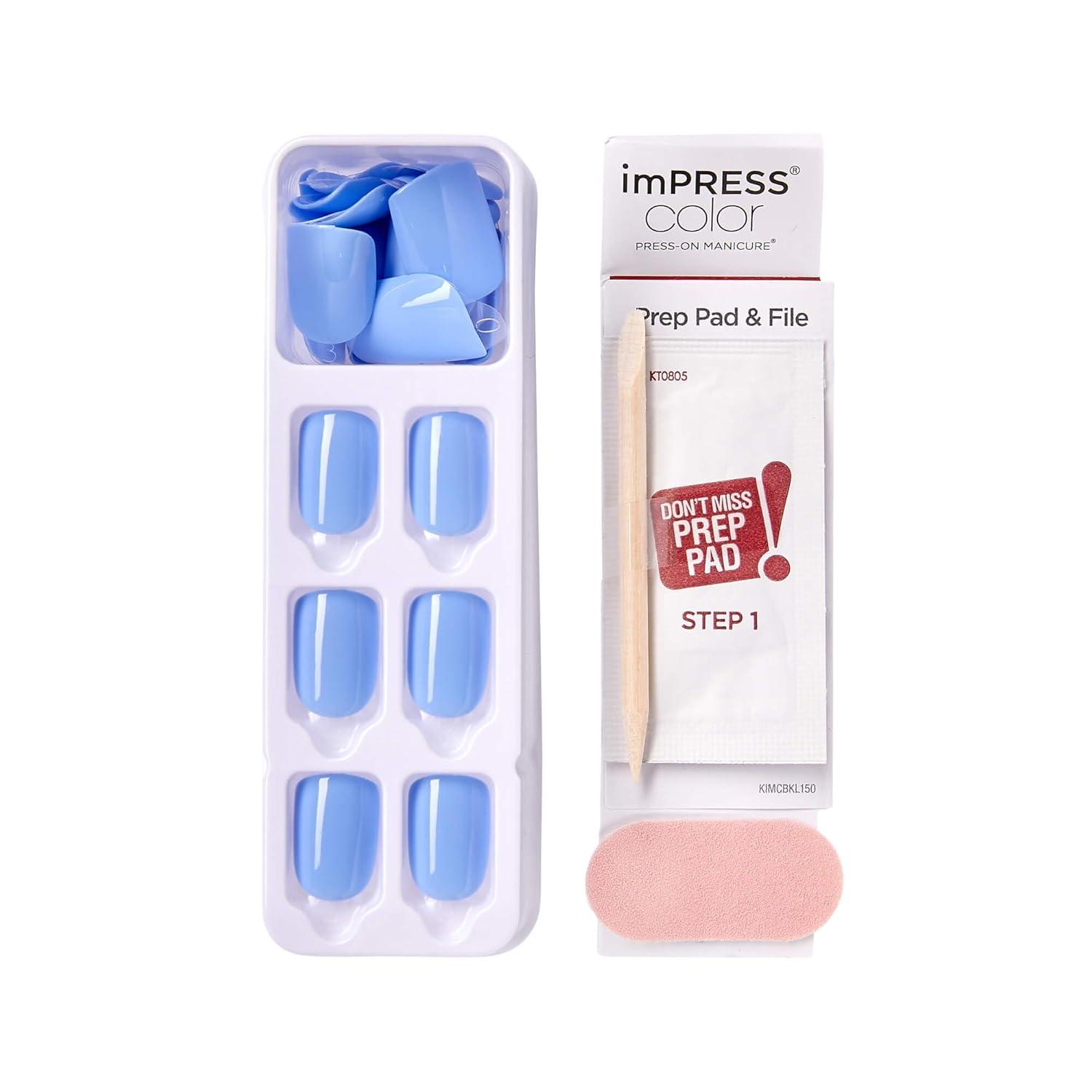 imageKISS imPRESS No Glue Mani Press On Nails Baby why so Blue Blue Short Size Squoval Shape Includes 30 Nails Prep Pad Instructions Sheet 1 Manicure Stick 1 Mini FileBaby Why So Blue