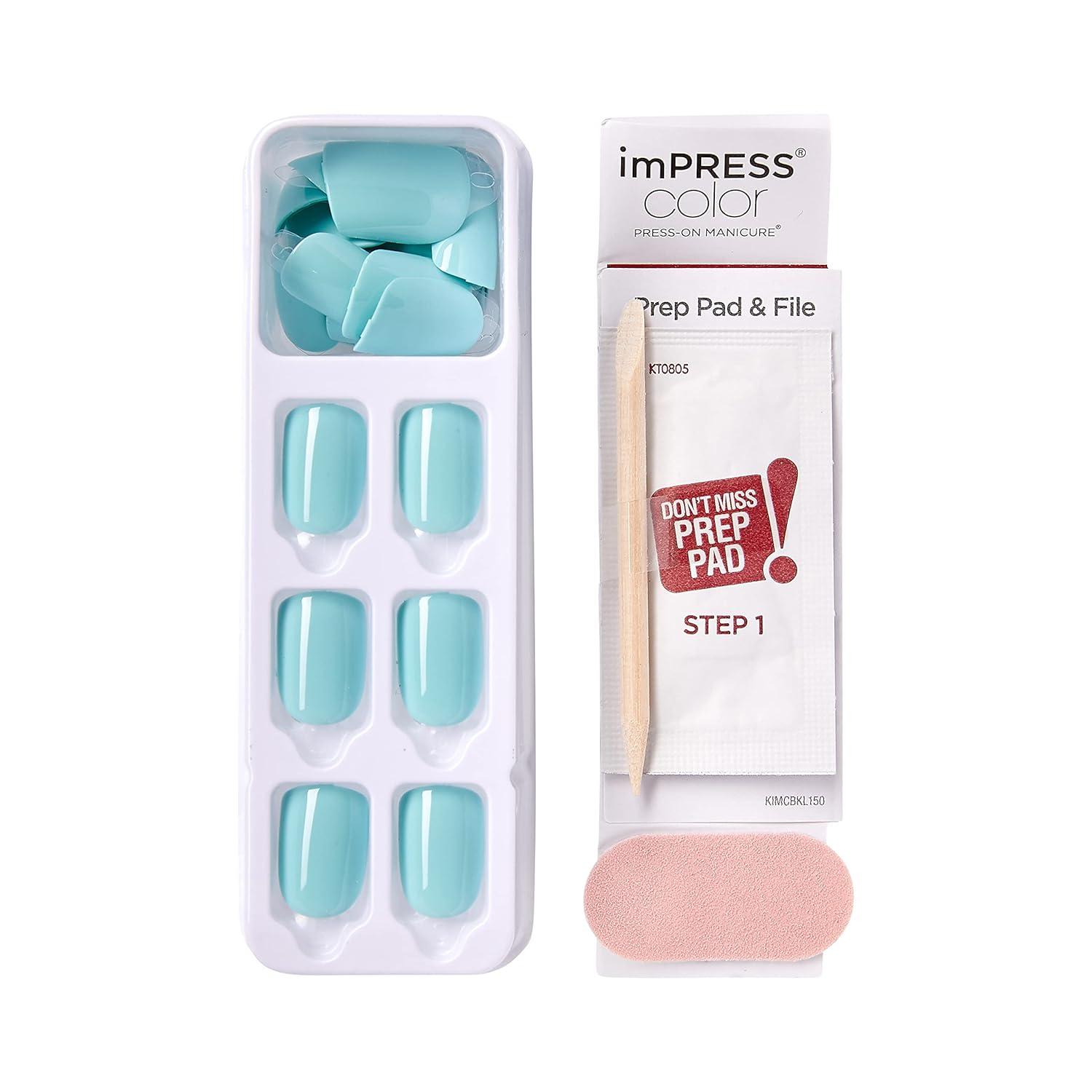imageKISS imPRESS No Glue Mani Press On Nails Baby why so Blue Blue Short Size Squoval Shape Includes 30 Nails Prep Pad Instructions Sheet 1 Manicure Stick 1 Mini FileMint To Be