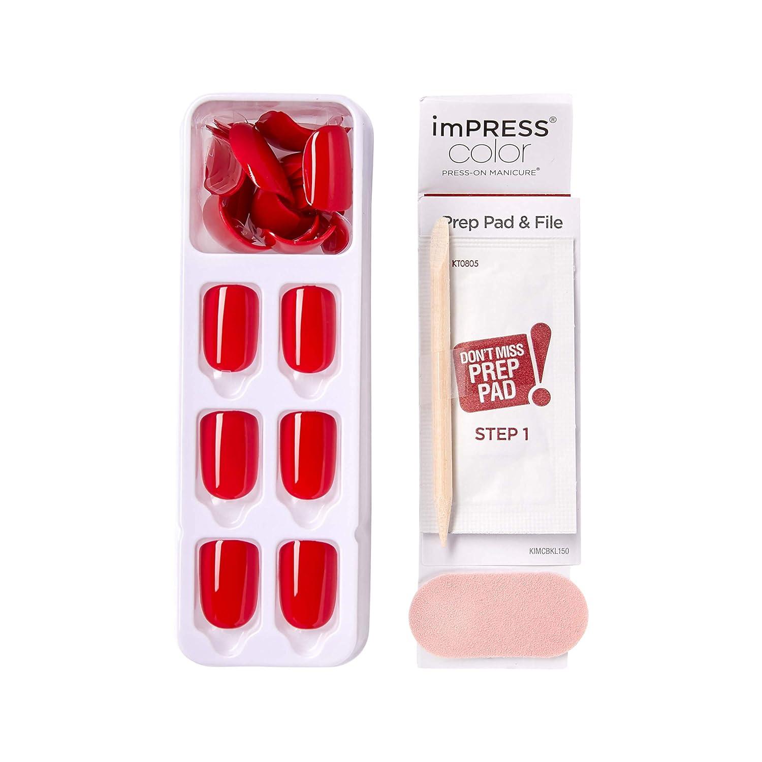 imageKISS imPRESS No Glue Mani Press On Nails Color Point Pink Pink Short Size Squoval Shape Includes 30 Nails Prep Pad Instructions Sheet 1 Manicure Stick 1 Mini FileRed
