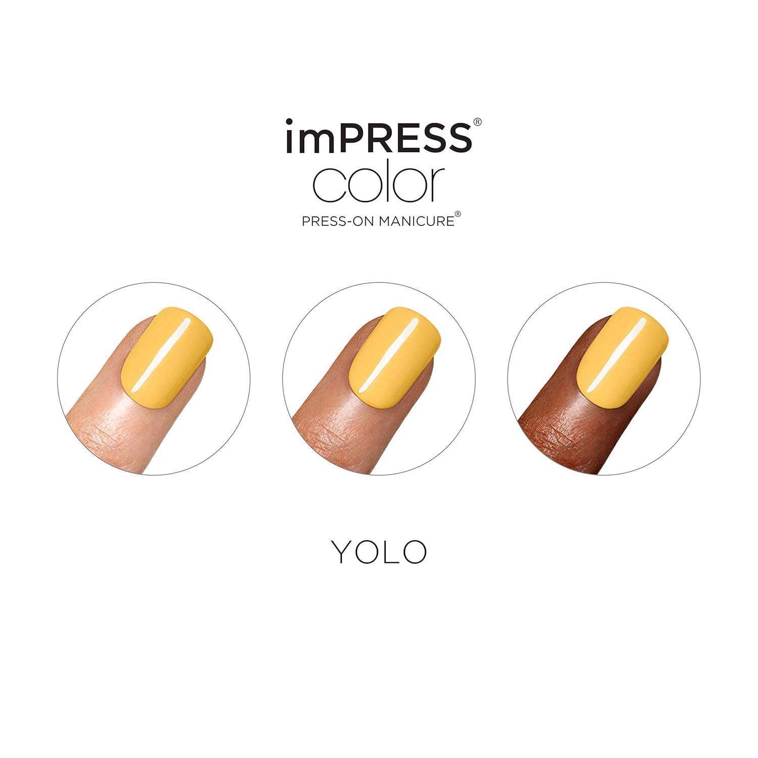 imageKISS imPRESS No Glue Mani Press On Nails Color YOLO Yellow Short Size Squoval Shape Includes 30 Nails Prep Pad Instructions Sheet 1 Manicure Stick 1 Mini FileYOLO