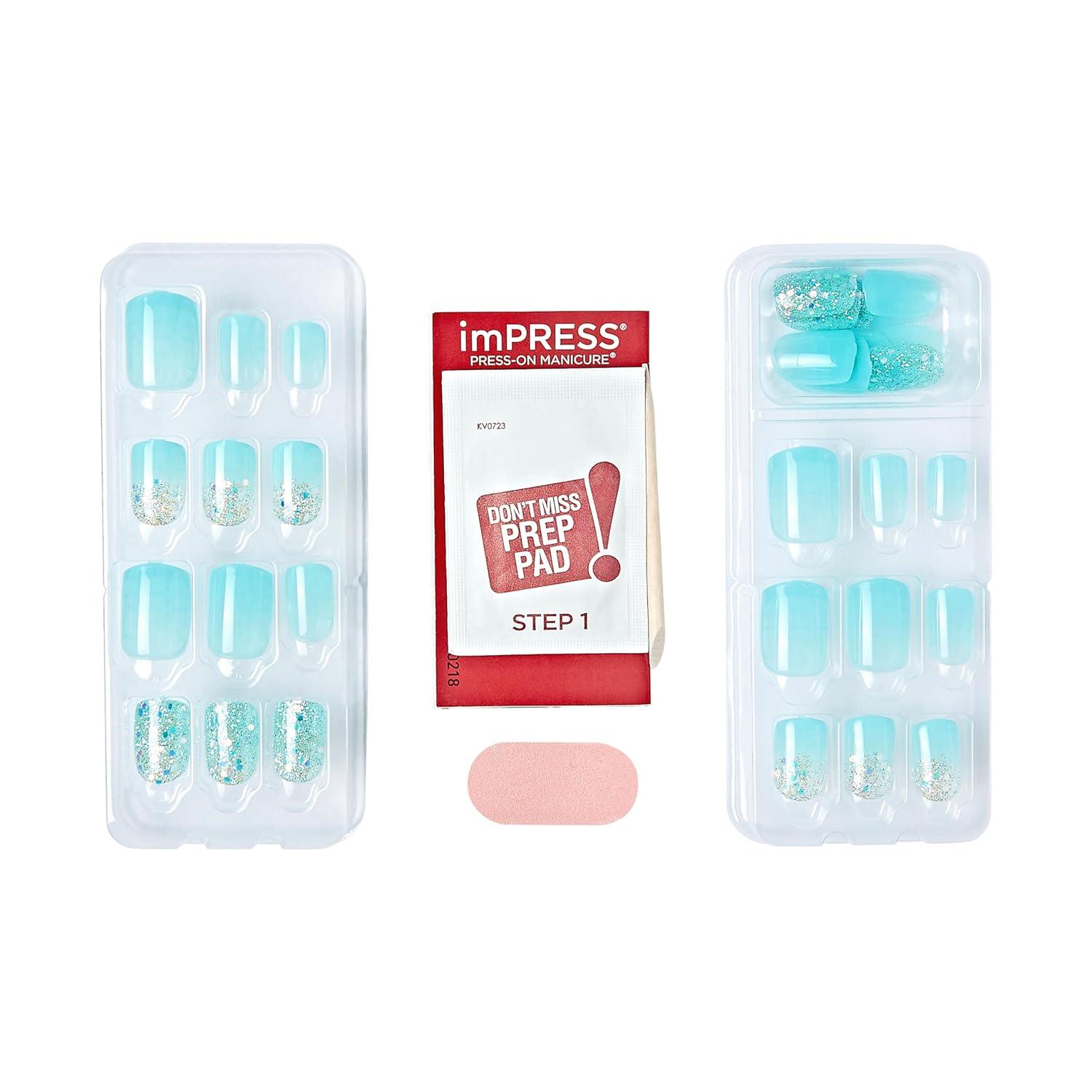 imageKISS imPRESS No Glue Mani Press On Nails Design Eternity Medium Blue Short Size Squoval Shape Includes 30 Nails Prep Pad Instructions Sheet 1 Manicure Stick 1 Mini FileMedium Blue