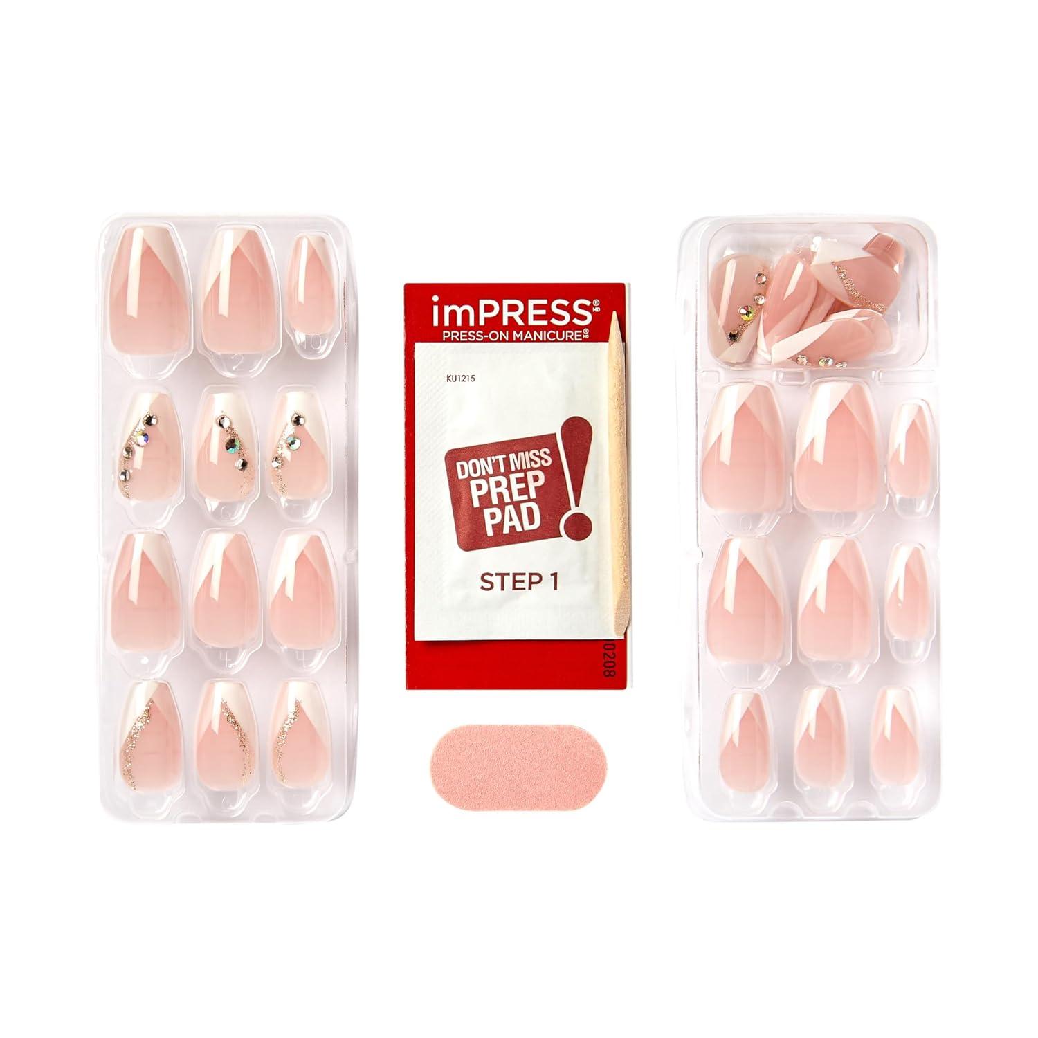 imageKISS imPRESS No Glue Mani Press On Nails French Illusion Dark Neutral Black Tip French Medium Size Almond Shape Includes 30 Nails Prep Pad Instructions Sheet 1 Manicure Stick 1 Mini FileLight Neutral White Tip FrenchCoffin Shape