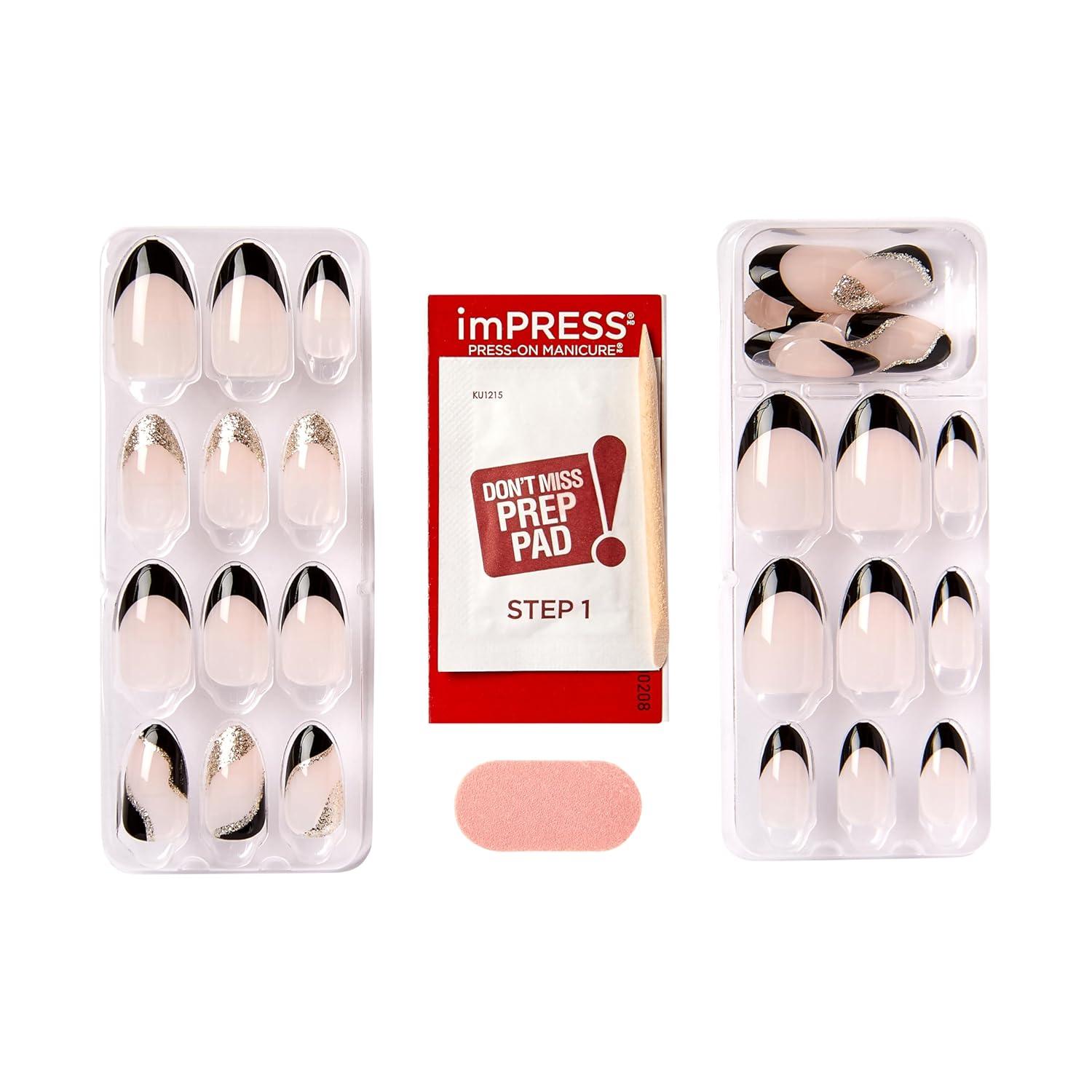 imageKISS imPRESS No Glue Mani Press On Nails French Illusion Dark Neutral Black Tip French Medium Size Almond Shape Includes 30 Nails Prep Pad Instructions Sheet 1 Manicure Stick 1 Mini FileDark Neutral Black Tip French