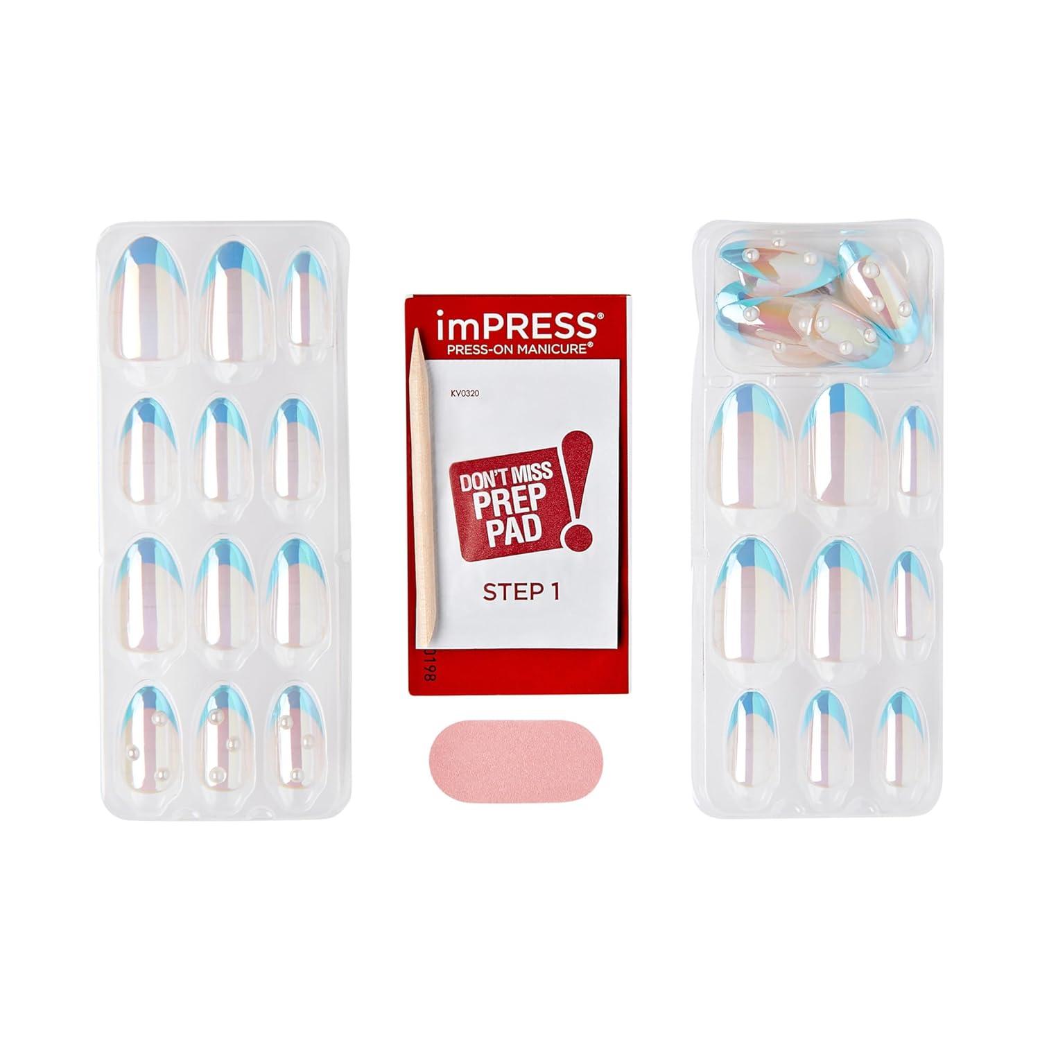 imageKISS imPRESS No Glue Mani Press On Nails Premium Best Life Blue Medium Size Almond Shape Includes 30 Nails Prep Pad Instructions Sheet 1 Manicure Stick 1 Mini FileBest Life
