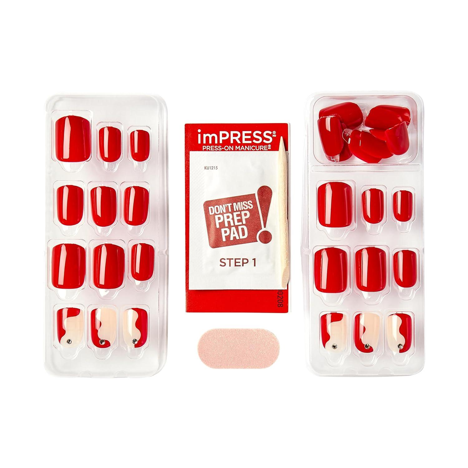 imageKISS imPRESS PressOn Manicure Fake Nails Adore You Short Square Red Easy Press On Chip Proof Smudge Proof Waterproof No Dry Time Comfortable ampamp Secure Super Hold Adhesive 30 Count