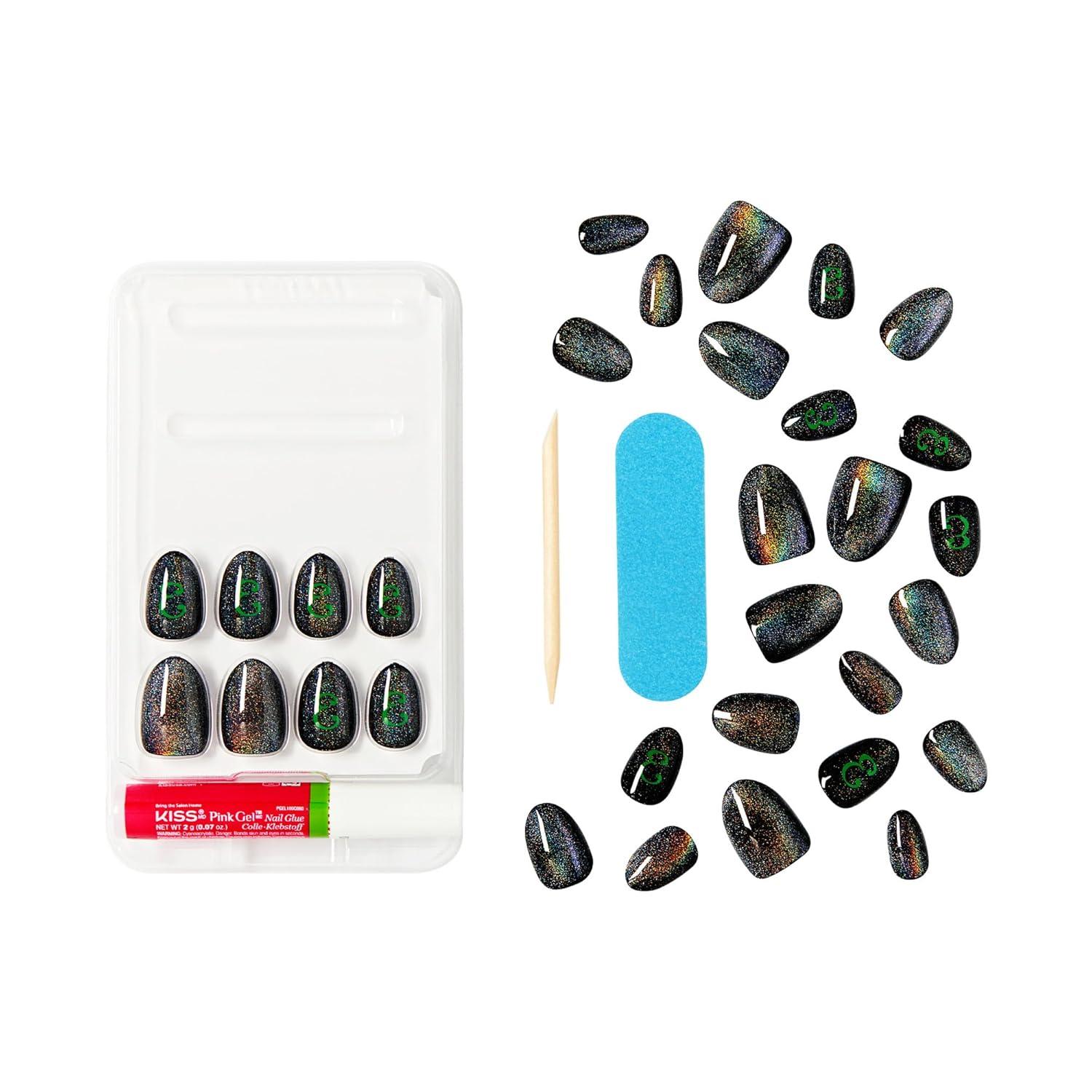 imageWICKED X KISS Press On Nails Almond Shiz Chemistry Club Blue Medium Waterproof Chip Proof Smudge Proof 28 Fake Nails Pink Gel Nail Glue 2g Mini Nail File ampamp Manicure StickI Look Good in Green