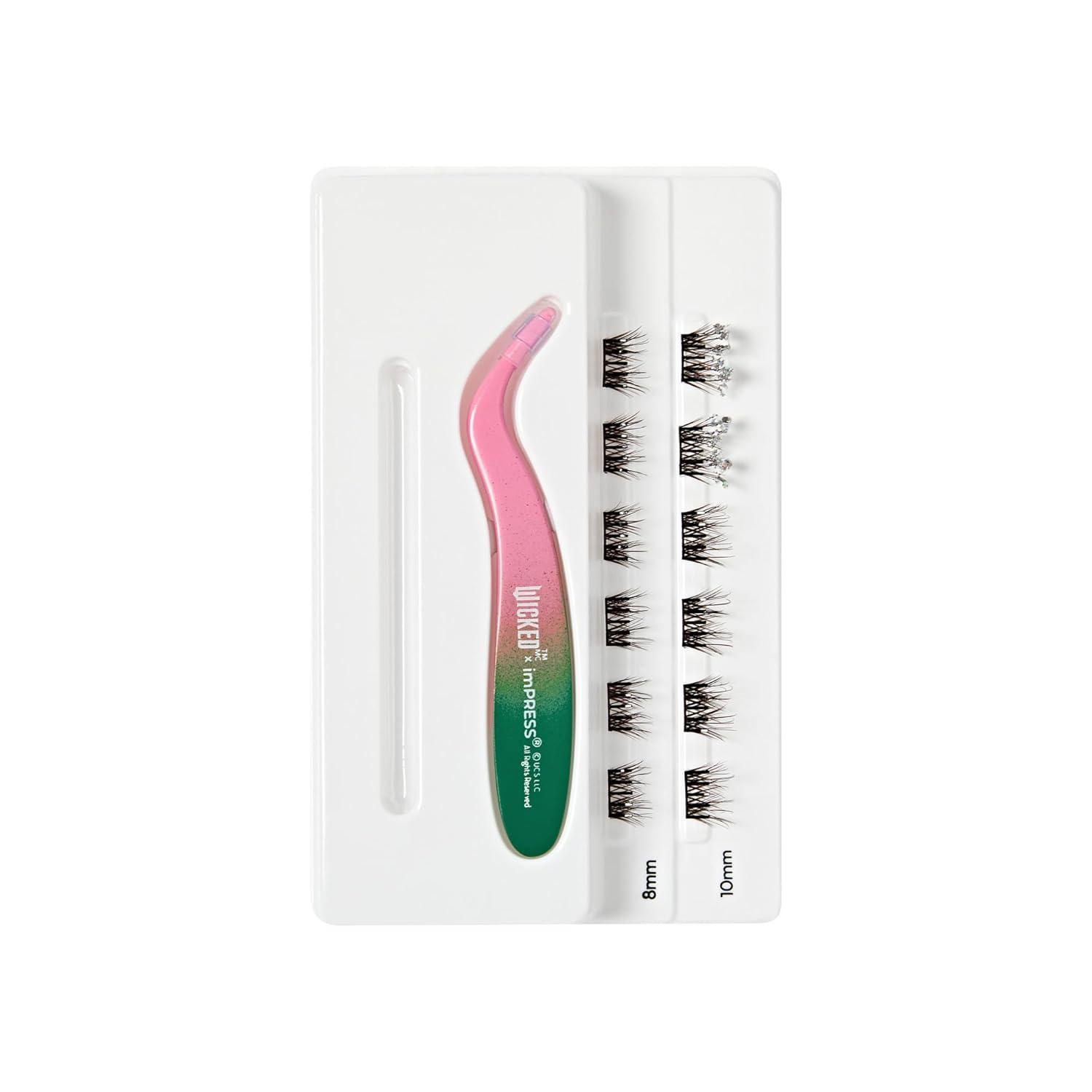imageWICKED X imPRESS Press On Self Adhesive Eyelashes Wickedly Beautiful 12 Lash Clusters 8mm10mm Natural Volume Green Glitter Pink ampamp Green Mini Applicator8mm10mm Pack of 2