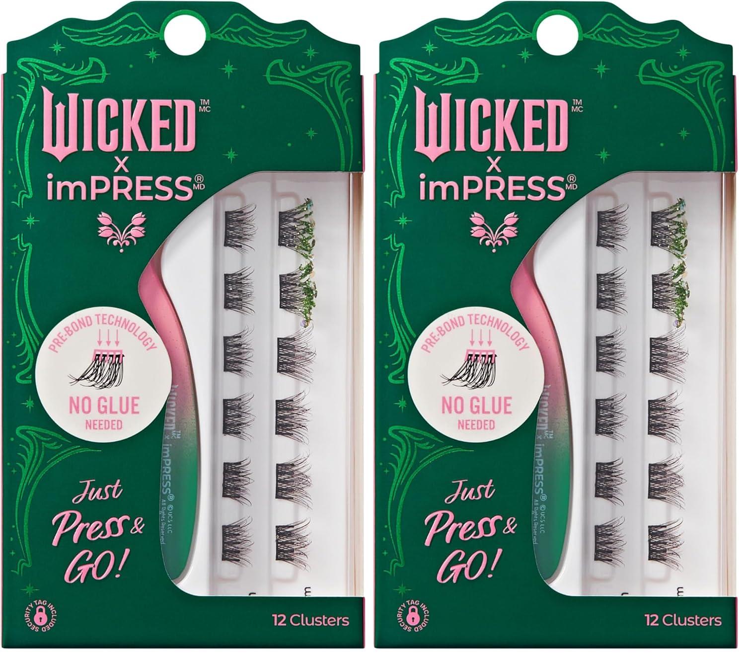 imageWICKED X imPRESS Press On Self Adhesive Eyelashes Wickedly Beautiful 12 Lash Clusters 8mm10mm Natural Volume Green Glitter Pink ampamp Green Mini Applicator8mm10mm Pack of 2